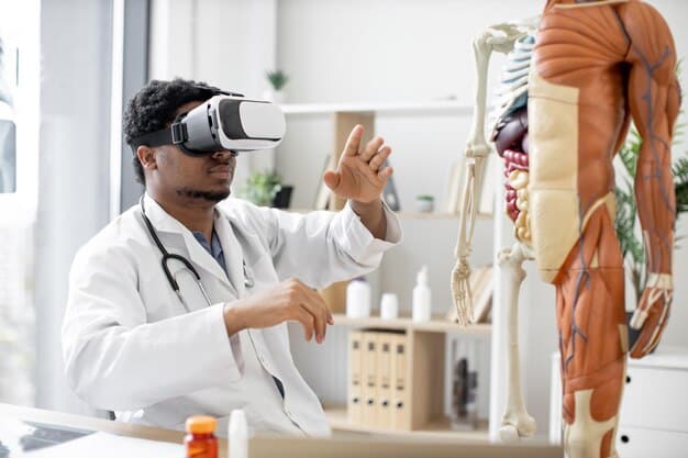 A medical student using VR to perform a virtual surgery, with detailed anatomical models displayed through the headset. The scene emphasizes hands-on learning and precise skill development.