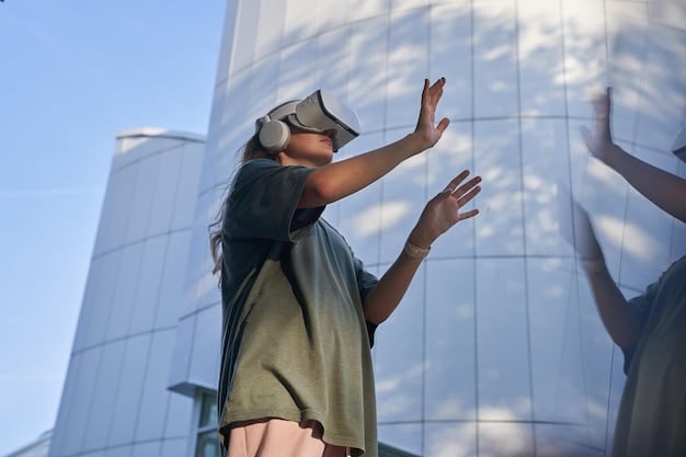 An architecture student using VR software to design and walk through a virtual building, showcasing the technology's ability to visualize and interact with complex designs.