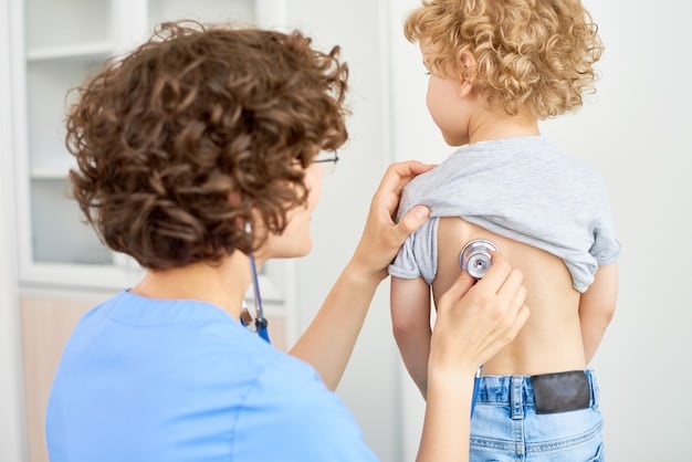 A doctor examining a child with respiratory problems, using a stethoscope. The background is a clinical setting.