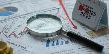 Financial charts and tax documents under a magnifying glass, symbolizing the impact of 2025 tax policy changes on investments.