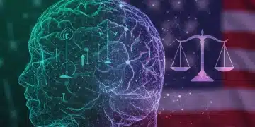 AI ethics and governance impact on US tech development by 2026, featuring digital brain and ethical symbols.