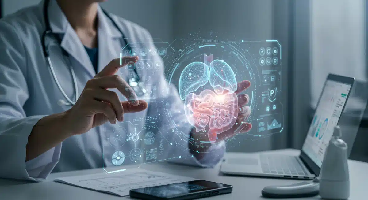 Medical professional using AI to analyze holographic diagnostic data for personalized medicine