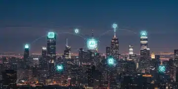 Futuristic cityscape with AI data overlays symbolizing industrial transformation in 2025
