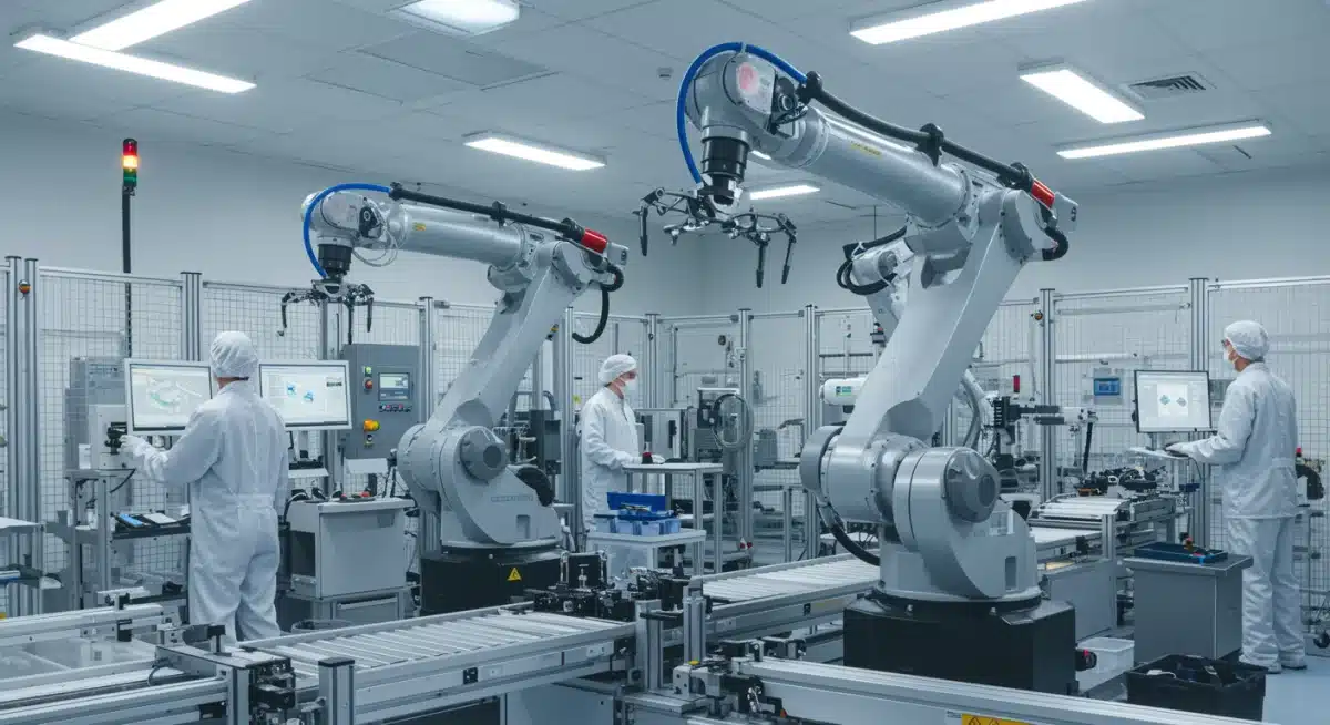 Robotic arms and human technicians collaborating in an AI-powered manufacturing facility