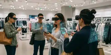 Shoppers using augmented reality in a modern retail store to virtually try on clothes and visualize products.