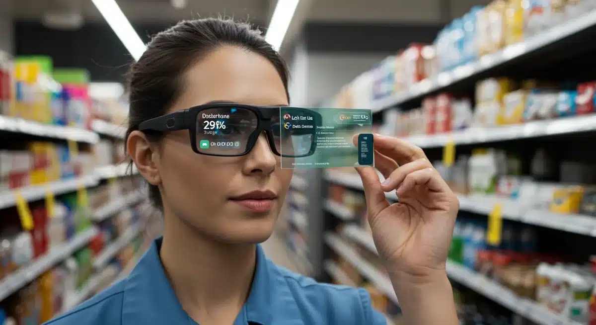 Retail associate using smart glasses for inventory management and real-time product information in an augmented reality enhanced store.