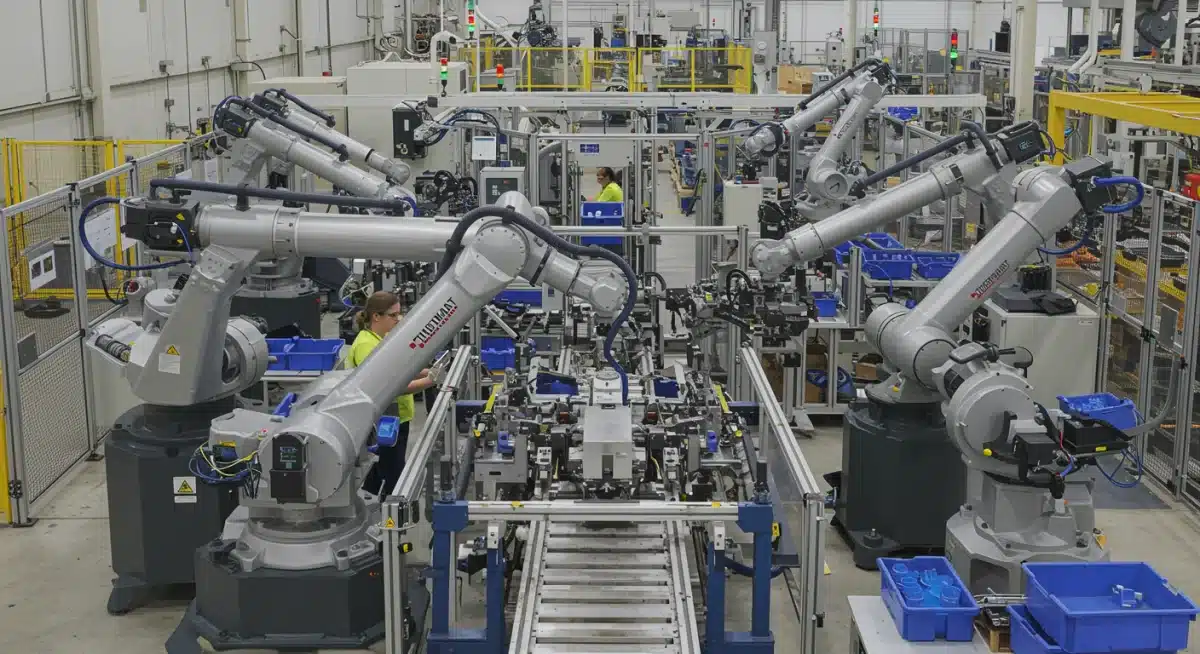 Automated factory production line with robotic arms in a modern U.S. manufacturing facility.