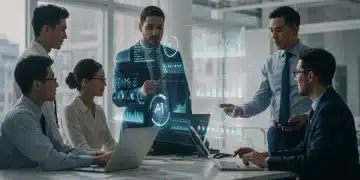 Business team collaborating with AI data projection for productivity growth