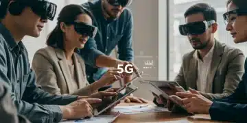 Professionals collaborating with 5G-enabled devices in a modern office, showcasing business productivity.