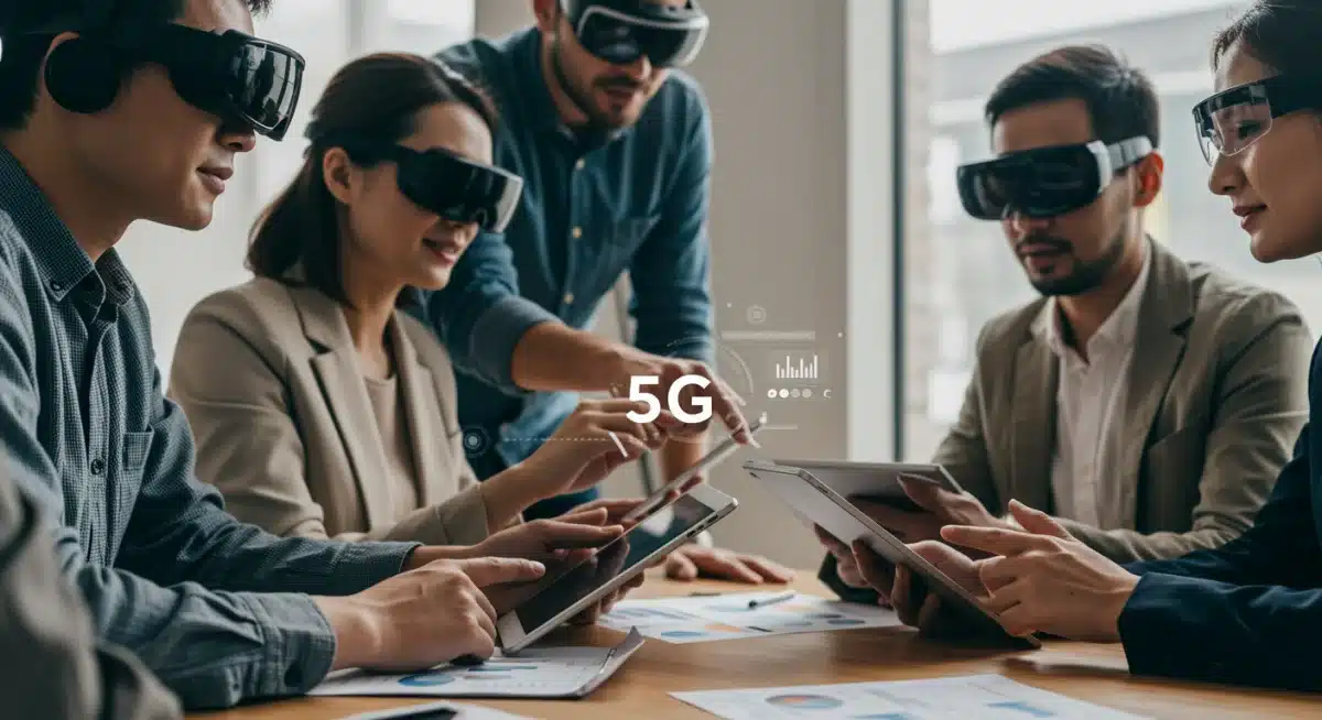 Professionals collaborating with 5G-enabled devices in a modern office, showcasing business productivity.