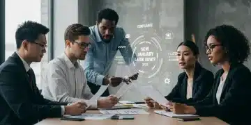 Business team reviewing new labor law documents for 2025 compliance