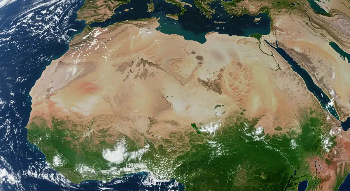 Satellite view of drought-affected agricultural lands contrasting with green, well-watered fields.