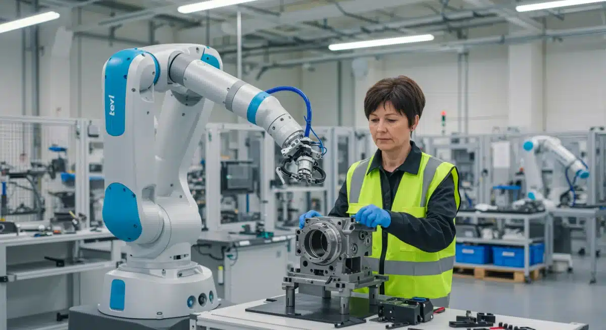 Collaborative robot working with human technician in factory