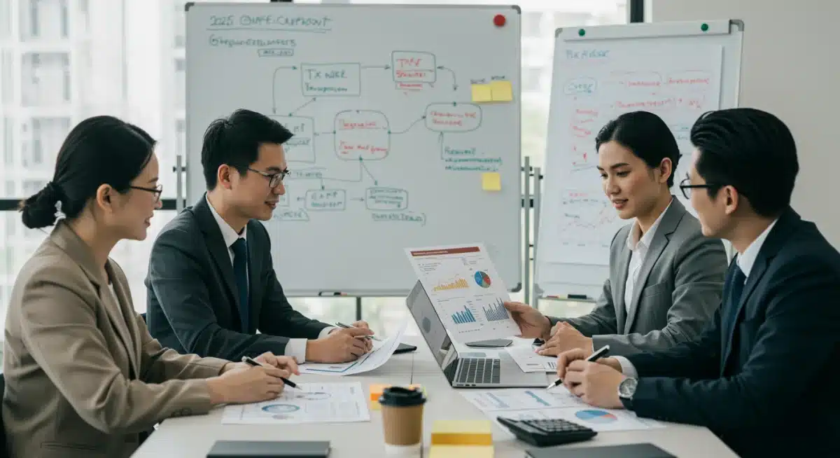 Business team and tax advisors strategizing 2025 corporate tax compliance and financial planning.