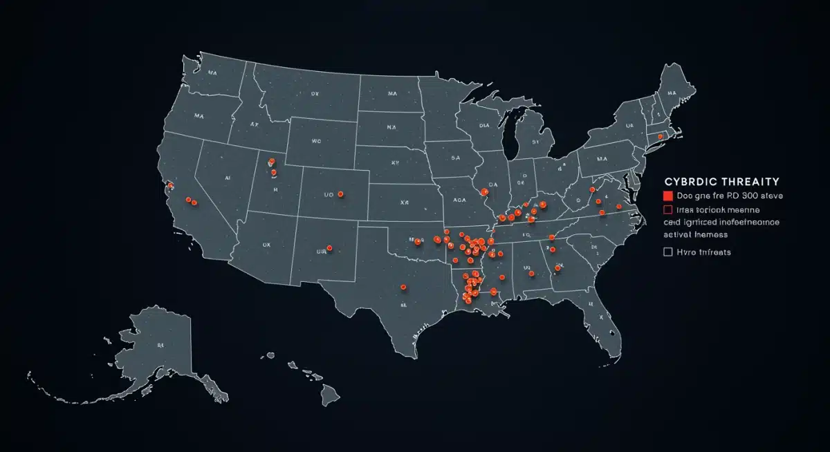 Cybersecurity threat map over US, illustrating hybrid warfare impact