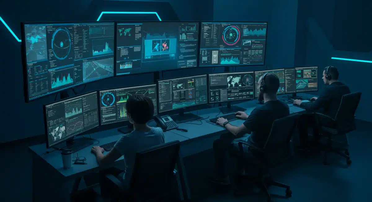 Cybersecurity analysts monitoring threat intelligence in a security operations center.