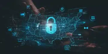 Digital padlock securing data over US map, symbolizing data privacy laws and compliance for tech firms in 2025.