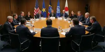 Diplomats discussing international conflict resolution strategies for 2025, highlighting U.S. leadership.