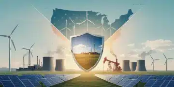 2025 Energy Policy: National Security Implications Diverse energy sources converging towards a national security shield, symbolizing future energy policy choices.