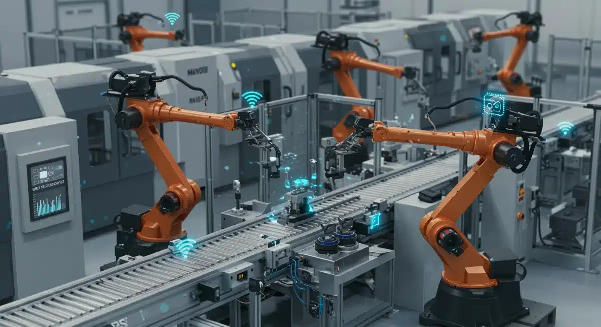 Robotic arms on a factory floor with edge AI sensors for predictive maintenance