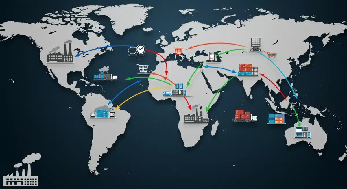 Intricate global supply chain network visual with logistics connections