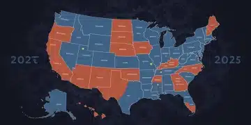 Stylized US map showing electoral votes with gears, representing the 2025 Electoral College reform debate and potential changes.