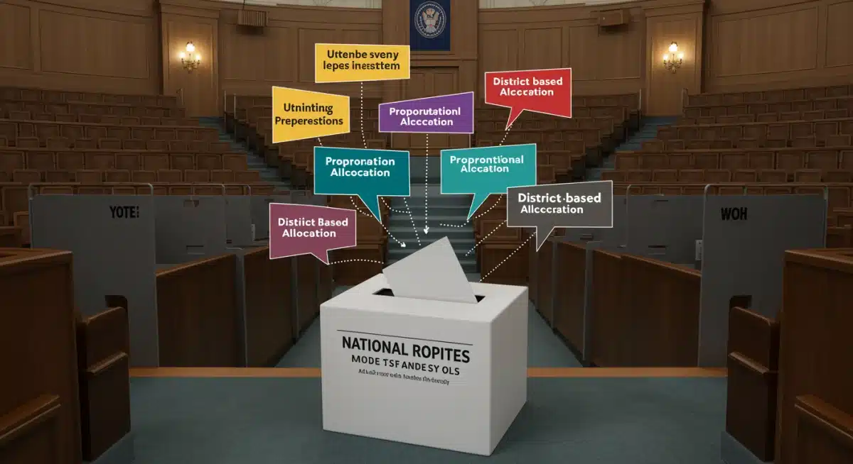 Ballot box with reform proposals like National Popular Vote and Proportional Allocation, illustrating potential changes.