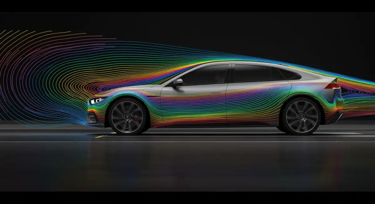 Aerodynamic simulation of an electric vehicle in a wind tunnel.