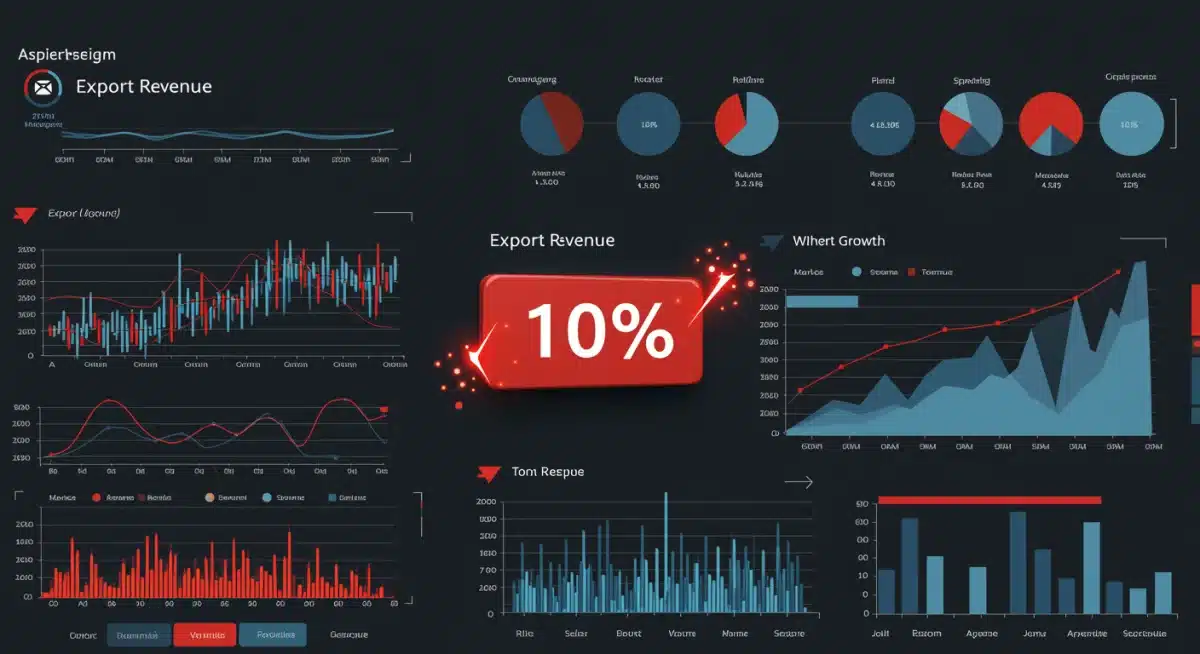 Digital dashboard showing 2025 export revenue growth targets and market analytics.