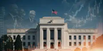US Federal Reserve building with overlaid economic charts and subtle political imagery, representing 2025 interest rate projections and their political ramifications.