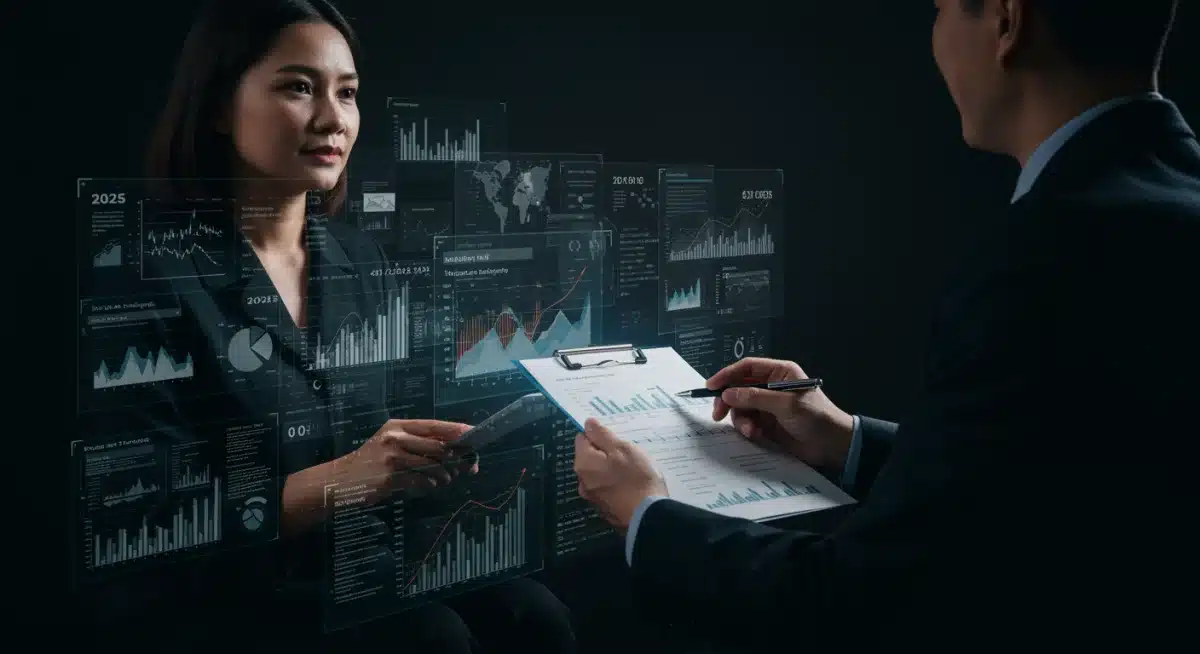 Financial advisor explaining 2025 tax policy changes to a client, with charts and data in the background.