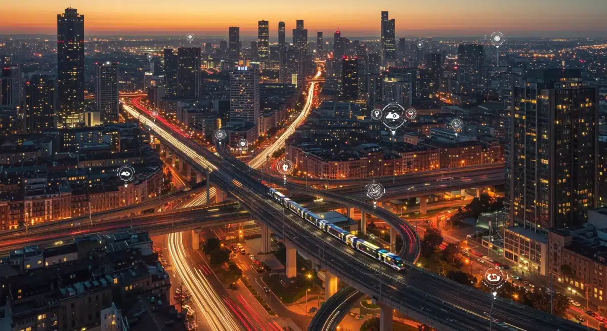 Futuristic city skyline with advanced transportation and smart technologies.