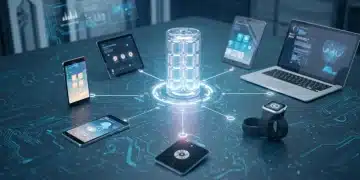 Futuristic battery cells powering consumer electronics with extended lifespans.