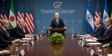 G7 leaders discussing global economic stability at a formal summit, representing key agenda points for 2025.