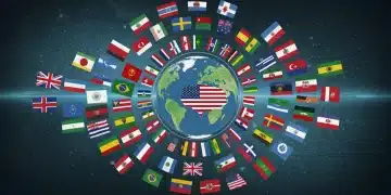 Global leaders discussing climate policy at a UN summit, with the US flag visible.