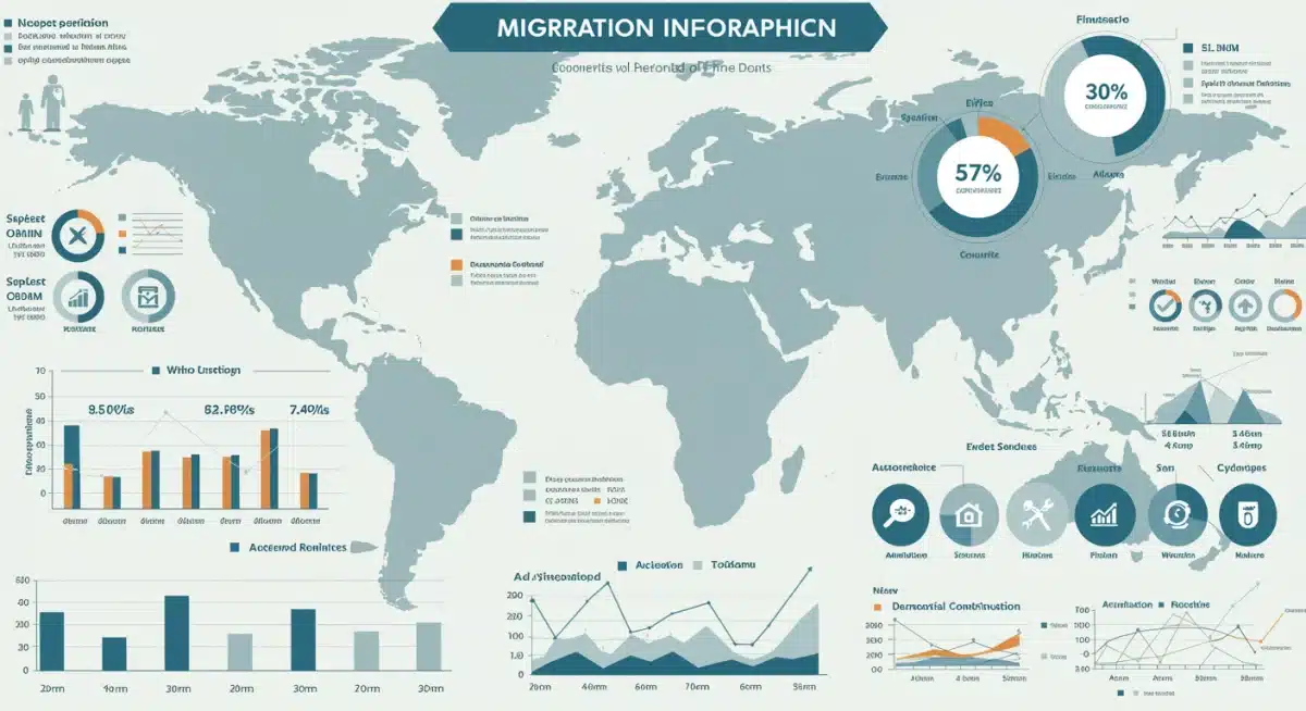 Infographic displaying global migration statistics, including demographic shifts and economic contributions.