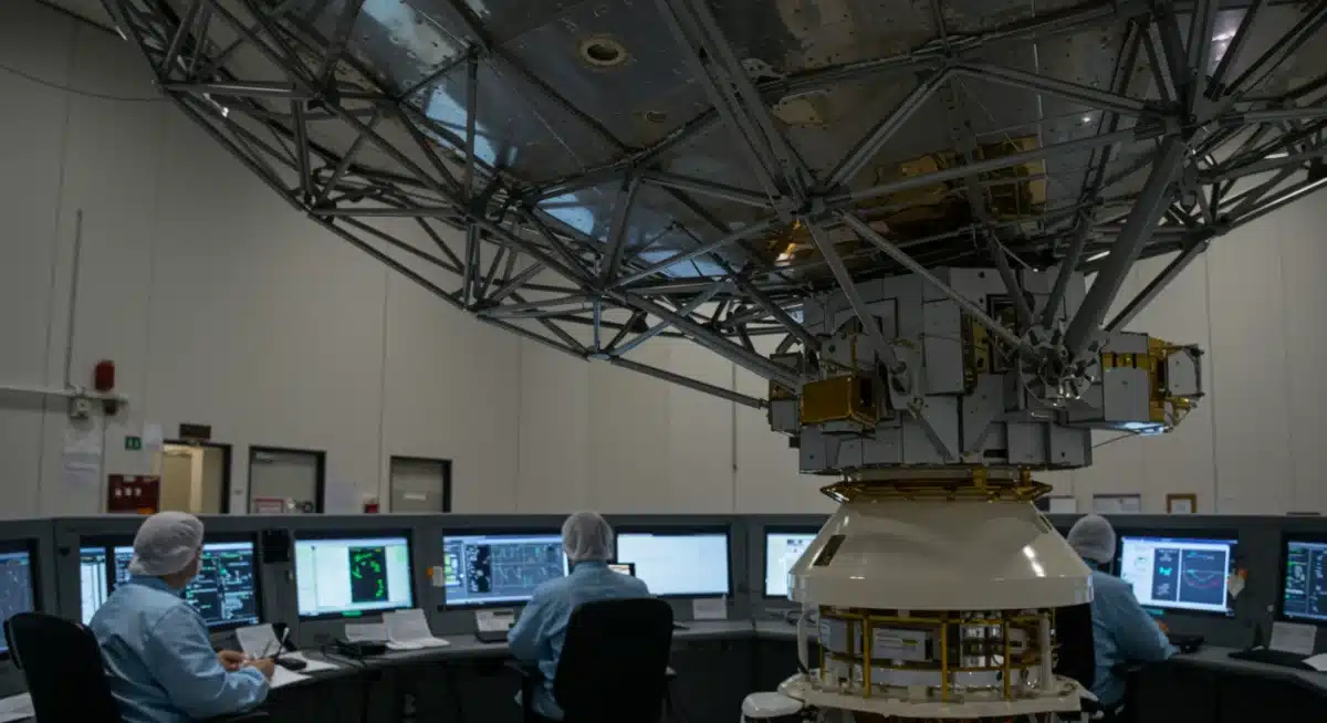 Engineers monitoring satellite data at a ground control center, depicting operational oversight.