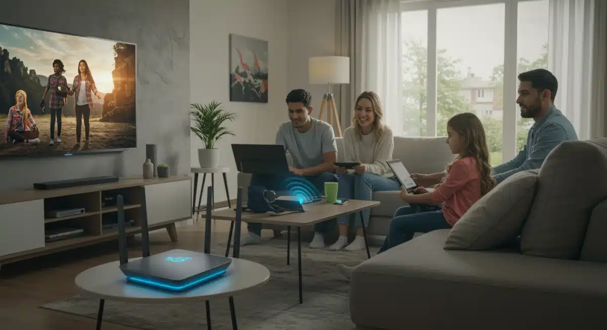 Family enjoying seamless streaming and gaming at home with 5G internet.