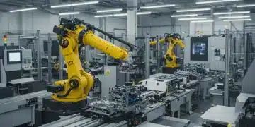 Industrial robotic arm assembling components in a modern US factory