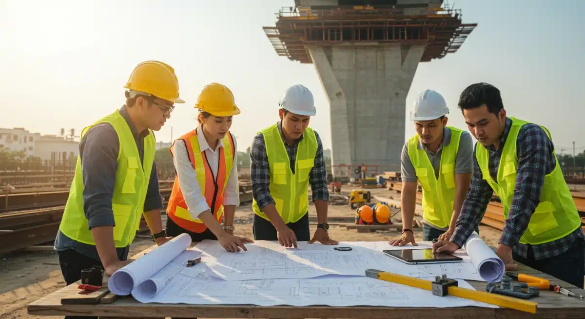 Construction workers and engineers planning a major infrastructure project.