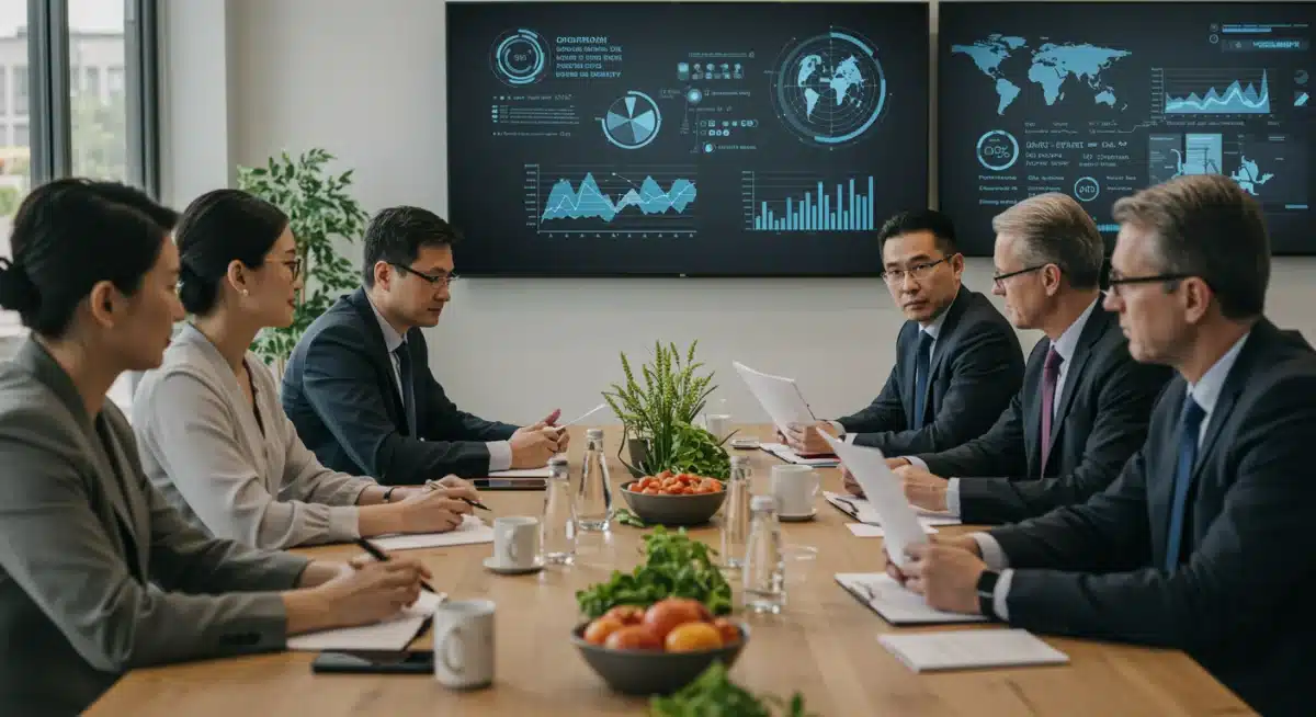 International policymakers discussing food security strategies with data projections in a collaborative meeting.