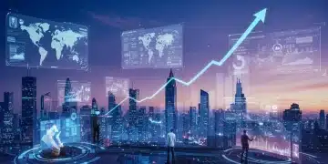 Futuristic virtual city with avatars and growth charts representing metaverse business opportunities in 2025.