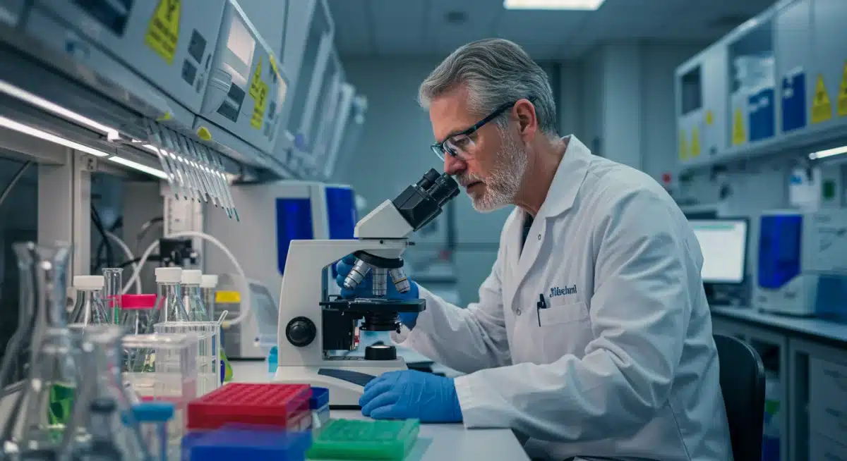 Scientist examining pathogen in lab, representing advanced disease detection.