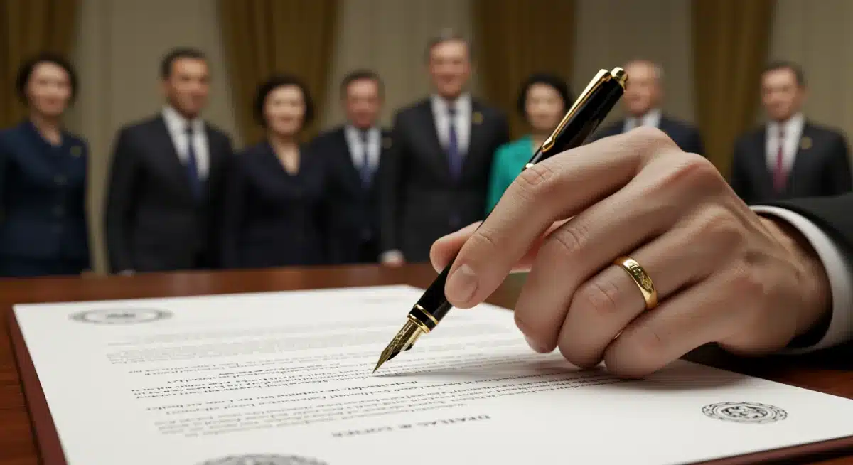 Signing of a peace agreement, symbolizing successful U.S. diplomatic initiatives in 2025.