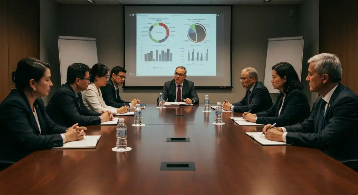 Policymakers and community leaders debating immigration policy, with data projections in the background.