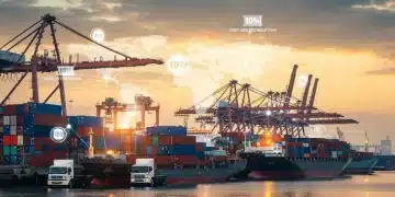 Illustration of a complex global supply chain with ships, trucks, and warehouses, highlighting cost reduction strategies for Q2 2025.