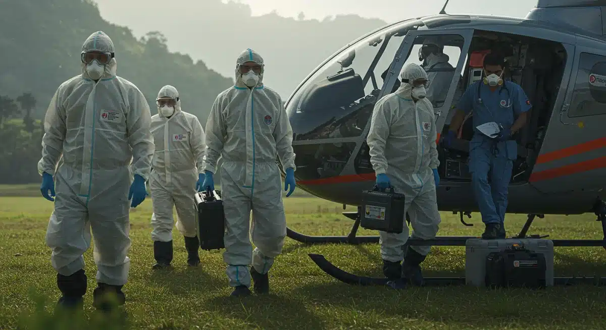 Rapid response team deploying to a health crisis, emphasizing swift intervention.