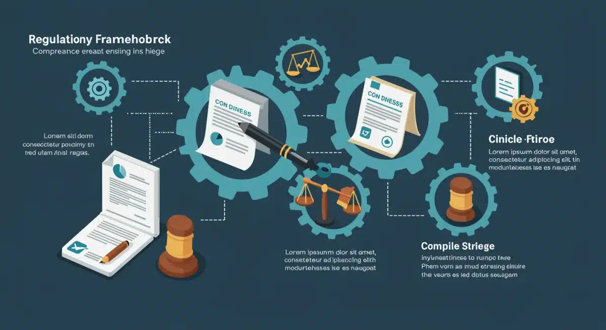 Infographic depicting regulatory compliance gears and documents