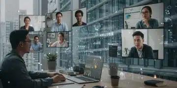 Professionals collaborating remotely on screens, symbolizing modern workforce trends and digital connectivity in U.S. corporations.