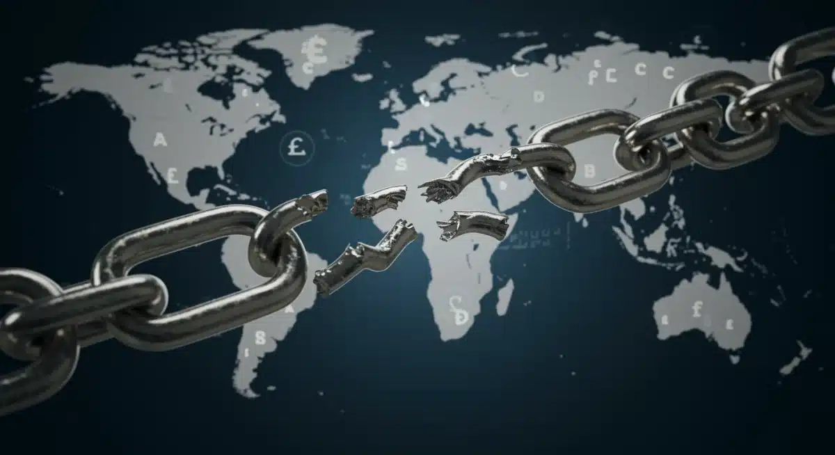 Disrupted global supply chains due to international sanctions, showing a broken link